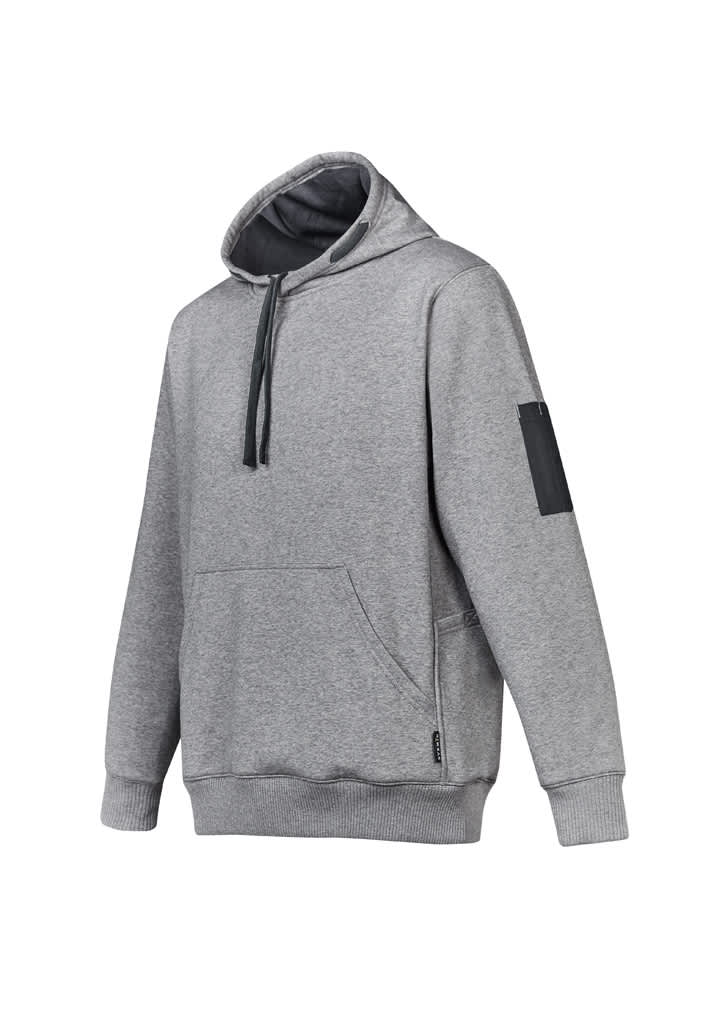 A grey unisex multi-pocket hoodie with a hood, front pocket, and logo on the sleeve.