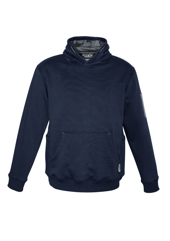A navy unisex multi-pocket hoodie featuring a front pouch and a side pocket, with a smooth fabric finish.