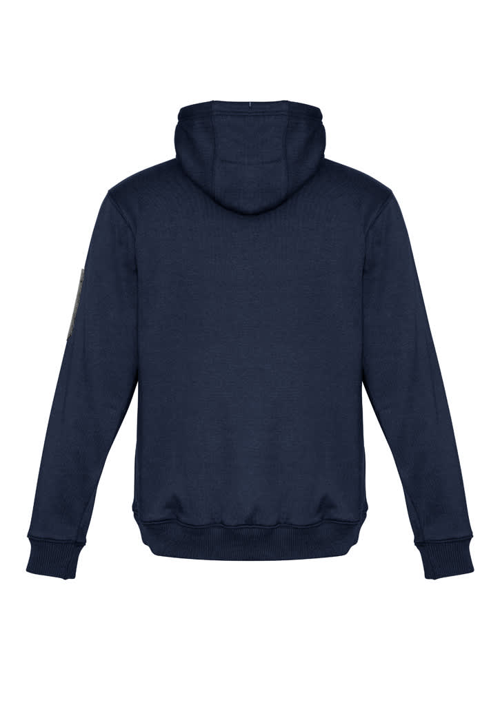 A navy unisex multi-pocket hoodie featuring a hood and ribbed cuffs, with a logo on the sleeve.
