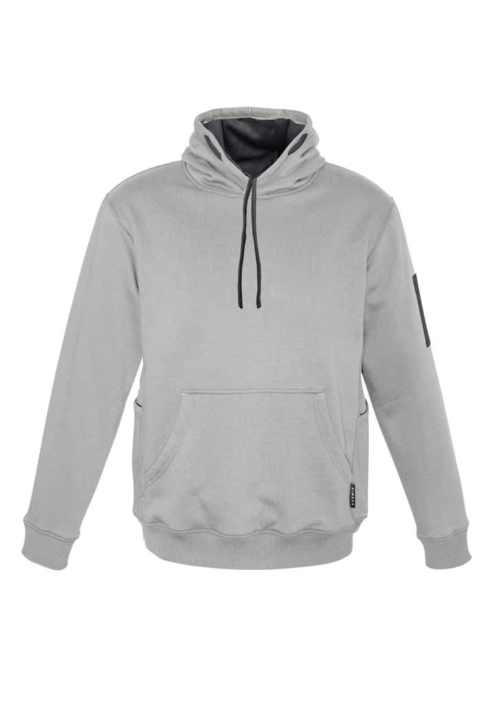 A light grey unisex multi-pocket hoodie with a front pocket and a logo on the sleeve.