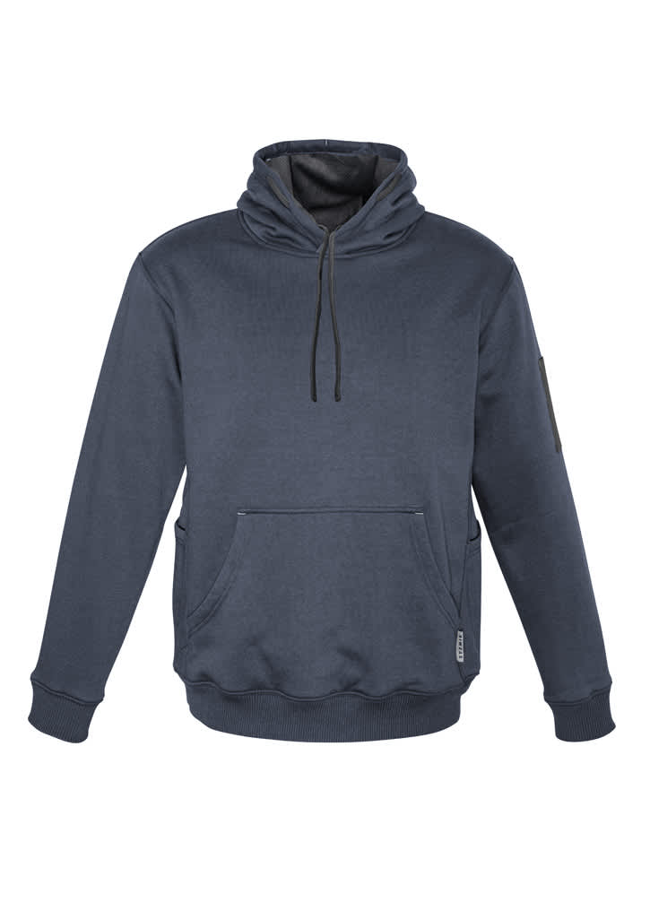 A navy unisex multi-pocket hoodie with a front pouch pocket and a logo on the sleeve.