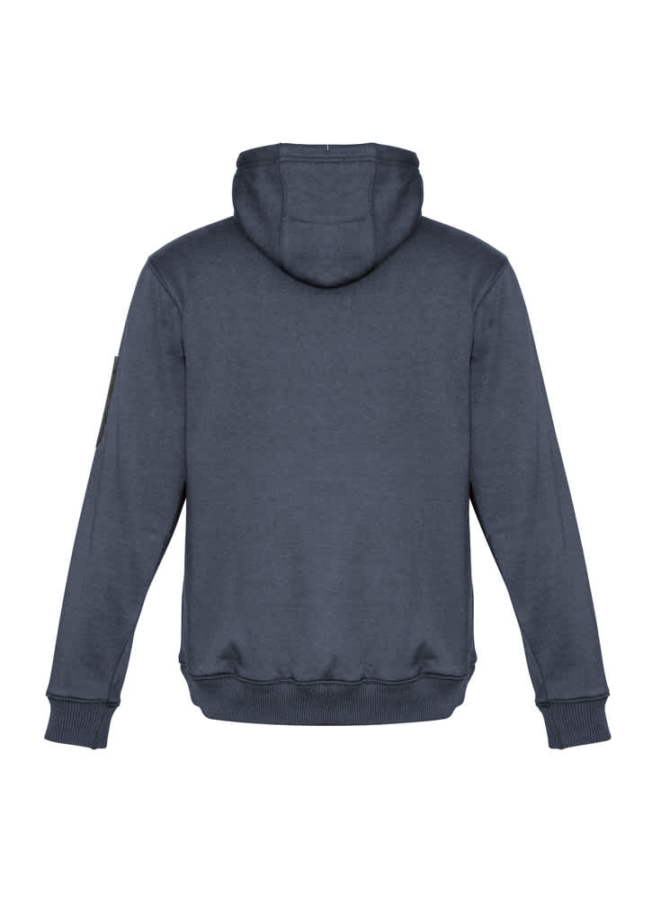A unisex navy multi-pocket hoodie with a hood and ribbed cuffs, featuring a logo on one sleeve.