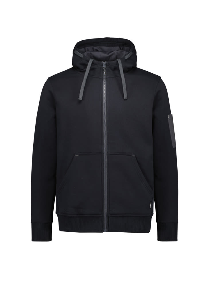 A black unisex zip front hoodie featuring a multi-pocket design and a hood. It includes a logo on the sleeve.