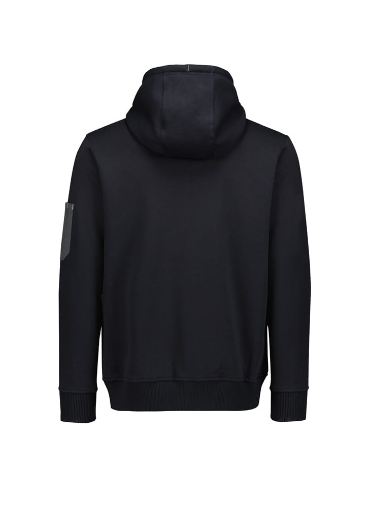 A black unisex zip front hoodie with a multi-pocket design and a hood, featuring a logo on the sleeve.