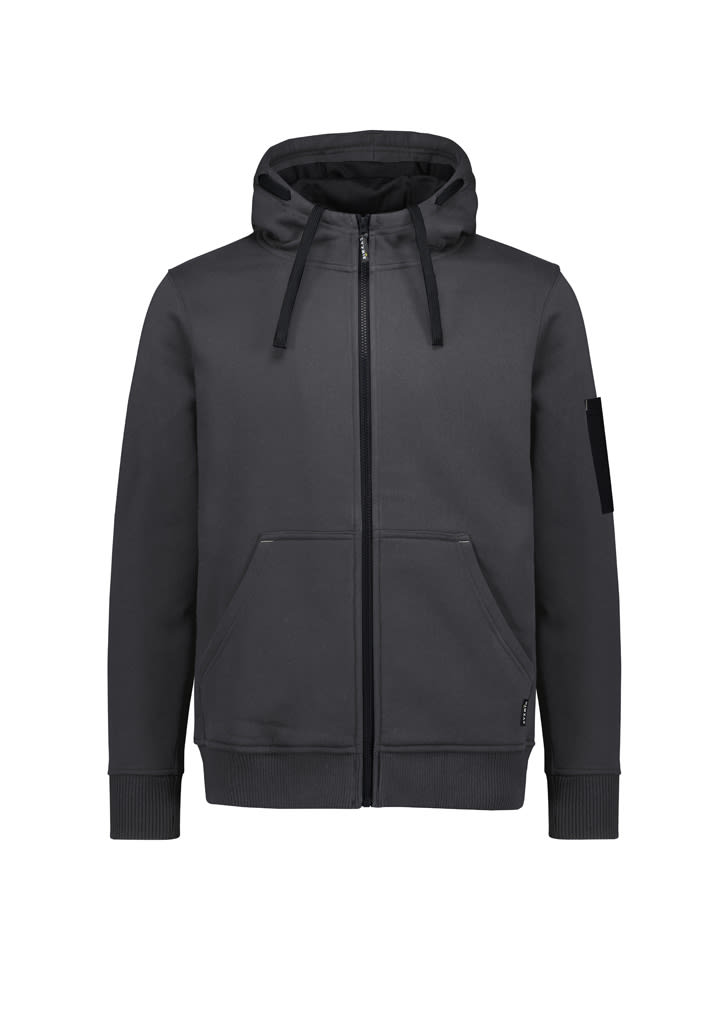 A unisex zip front multi-pocket hoodie in dark grey with a hood and front pockets, featuring a logo on the sleeve.