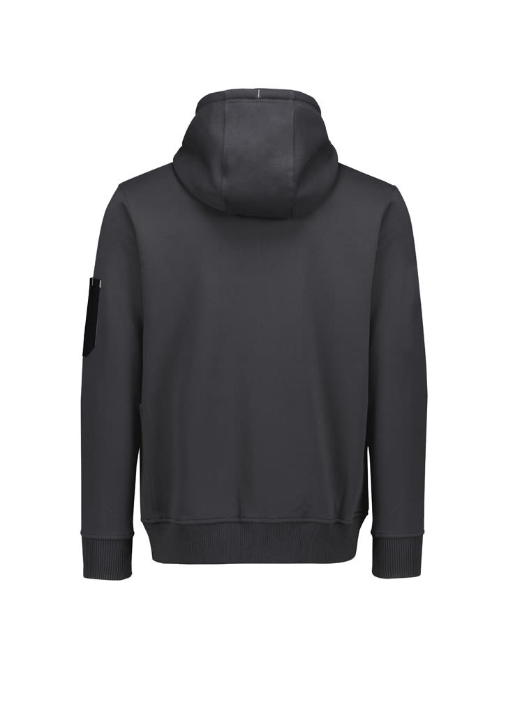 A unisex zip front hoodie in dark grey with multiple pockets and a hood, featuring a logo.