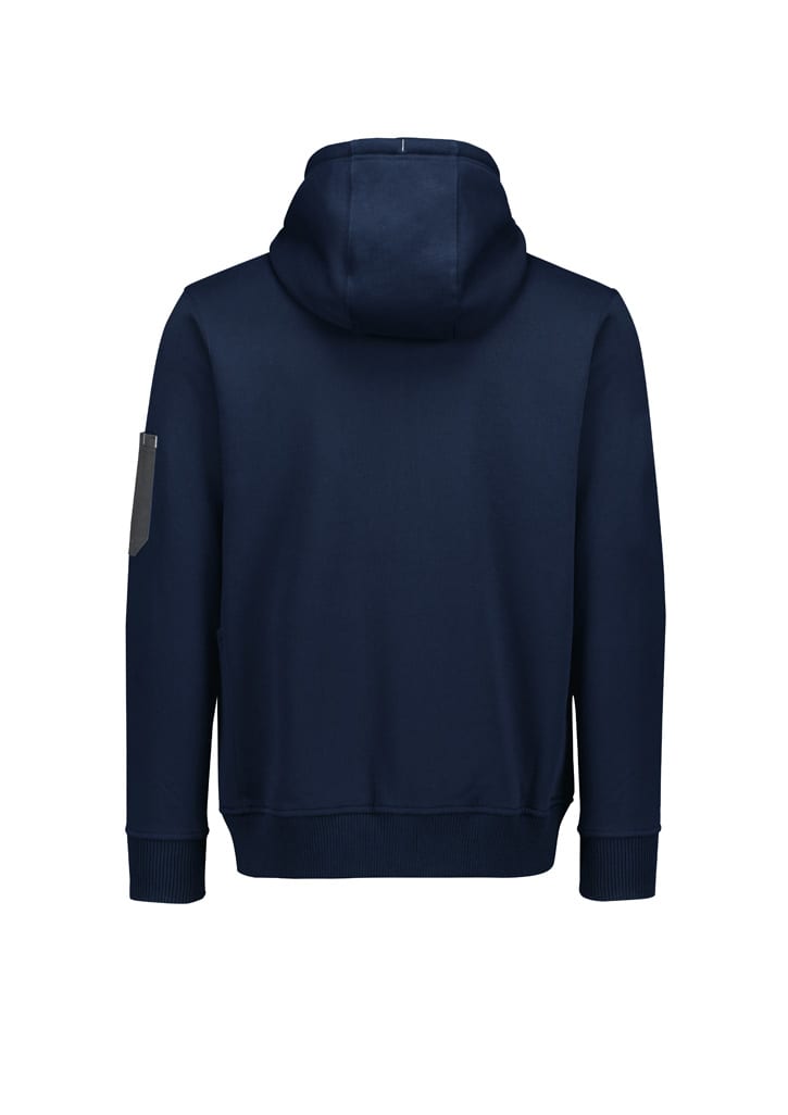 A navy unisex zip-front hoodie featuring a hood and a multi-pocket design, including a pocket on the sleeve.