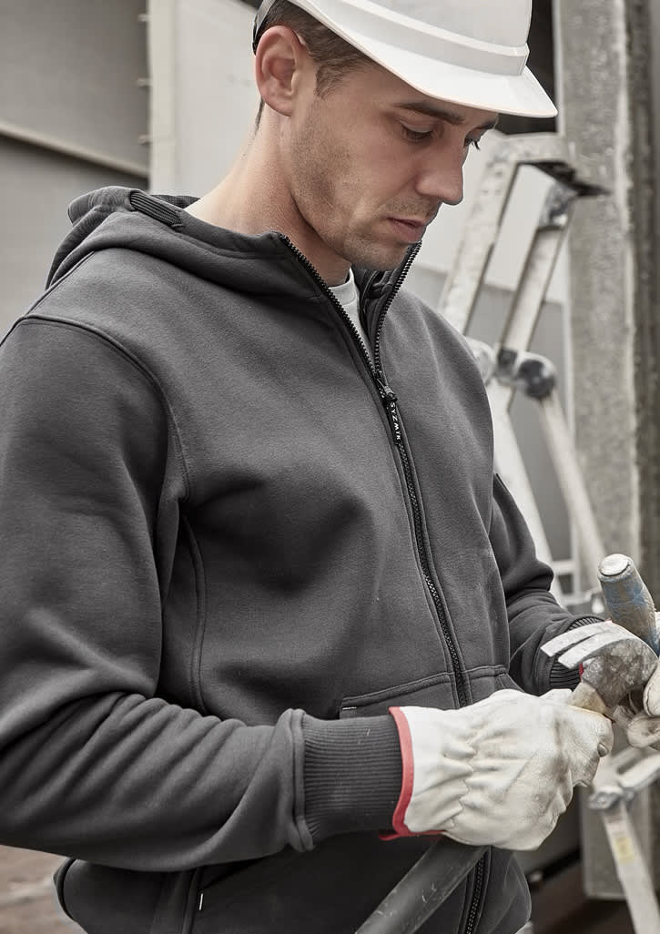 A grey unisex zip-front hoodie with multiple pockets, worn by a person wearing gloves and a hard hat.
