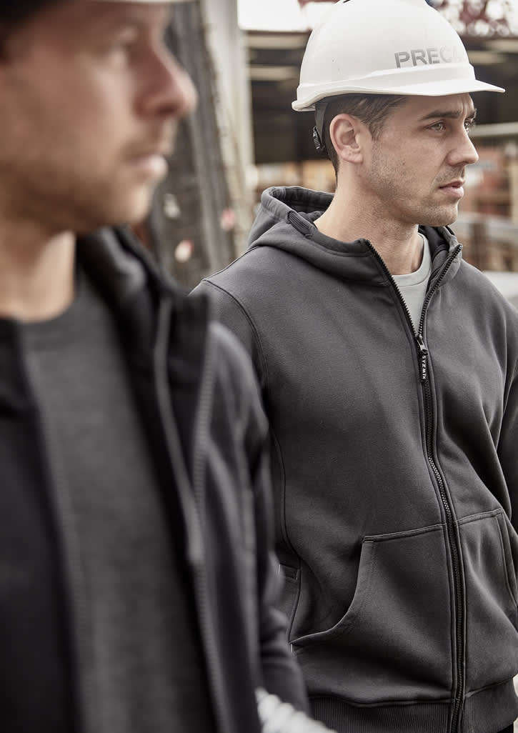 A grey unisex zip-front hoodie with multiple pockets is worn by two men, one wearing a hard hat in a work setting.