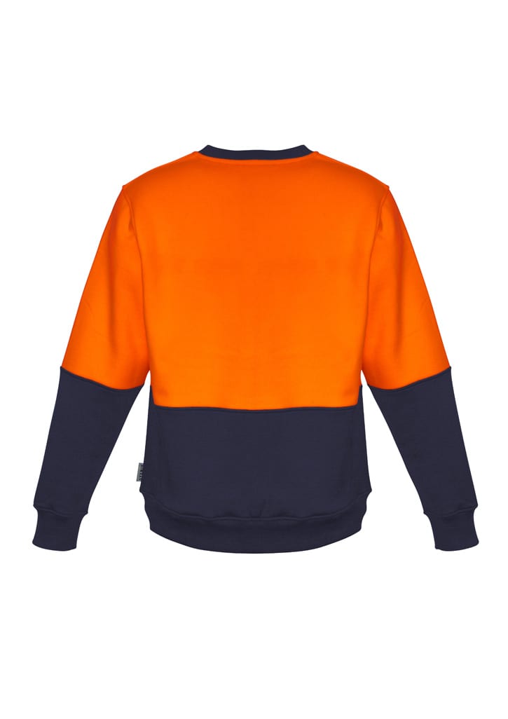 A unisex high visibility crew sweatshirt featuring an orange upper and navy lower. It includes a logo on the garment.