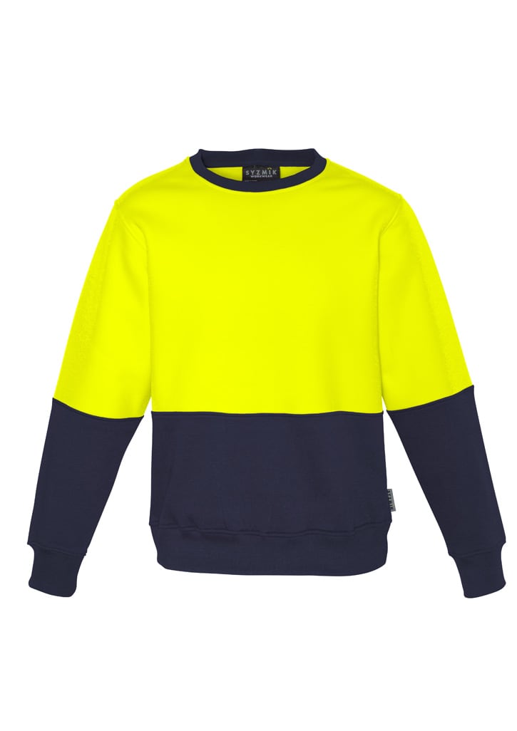 A bright yellow and navy blue unisex hi-vis crew sweatshirt with a logo on the front. Suitable for workwear.