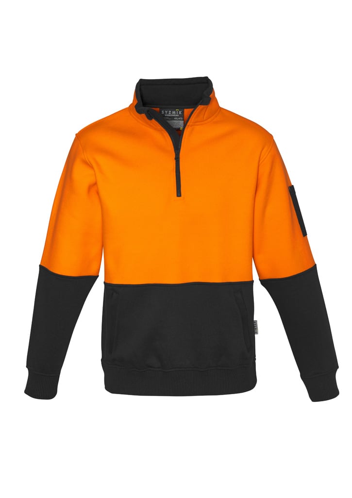 A unisex half-zip pullover in bright orange and black, featuring a logo on the sleeve.