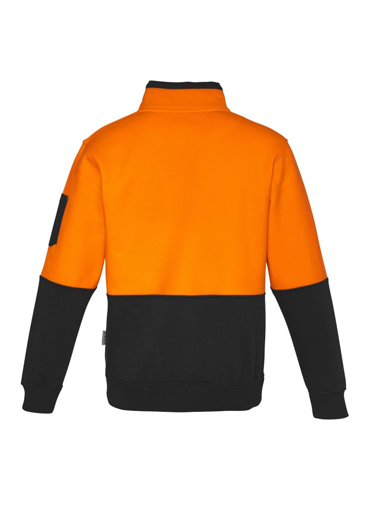 A unisex hi-vis 1/2 zip pullover in orange and black, featuring a logo and a zip collar.