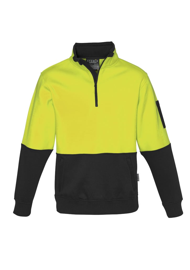 A unisex half-zip pullover in hi-vis yellow and black, featuring a logo on the sleeve.