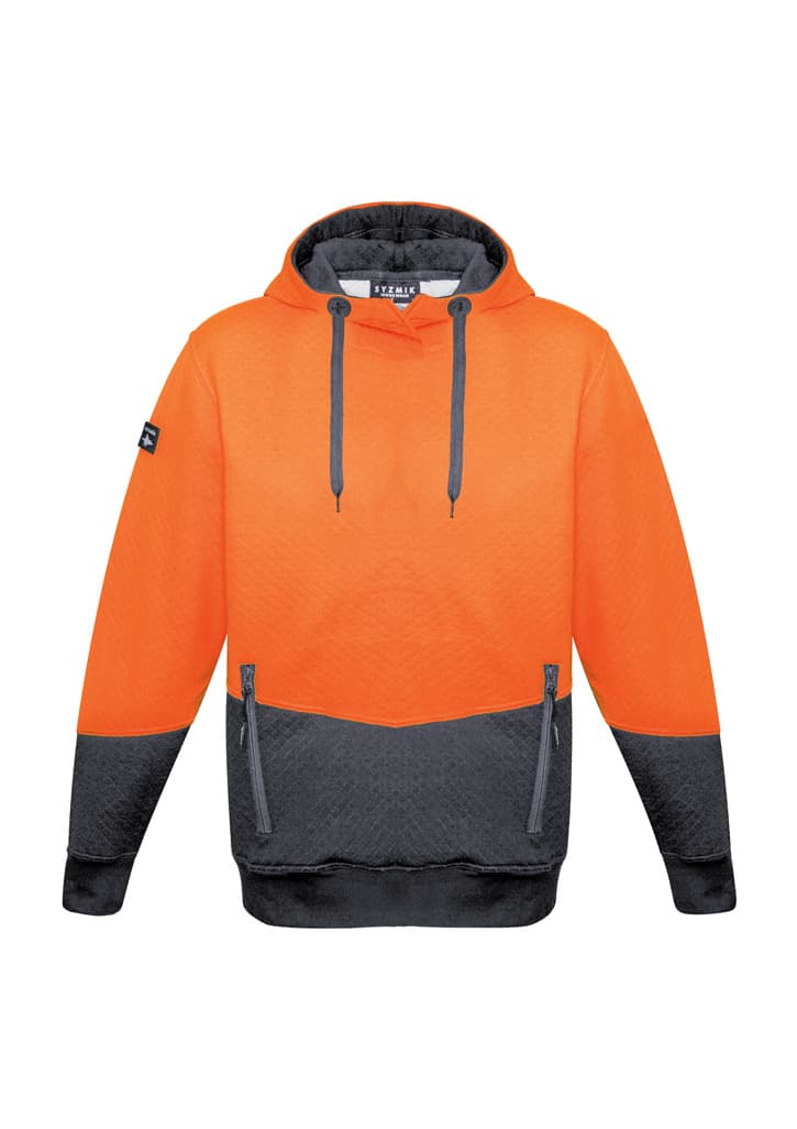 A unisex hoodie in vibrant orange with textured jacquard and black accents, featuring a logo on the sleeve.