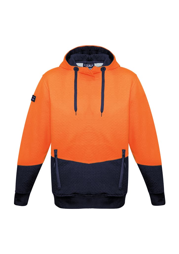 A unisex hi-vis textured jacquard hoodie in bright orange and navy, featuring a logo and a kangaroo pocket.