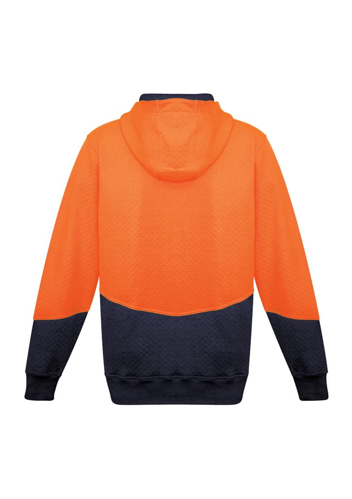 A unisex hi-vis hoodie in bright orange and navy blue, featuring a textured jacquard design and a hoodie.