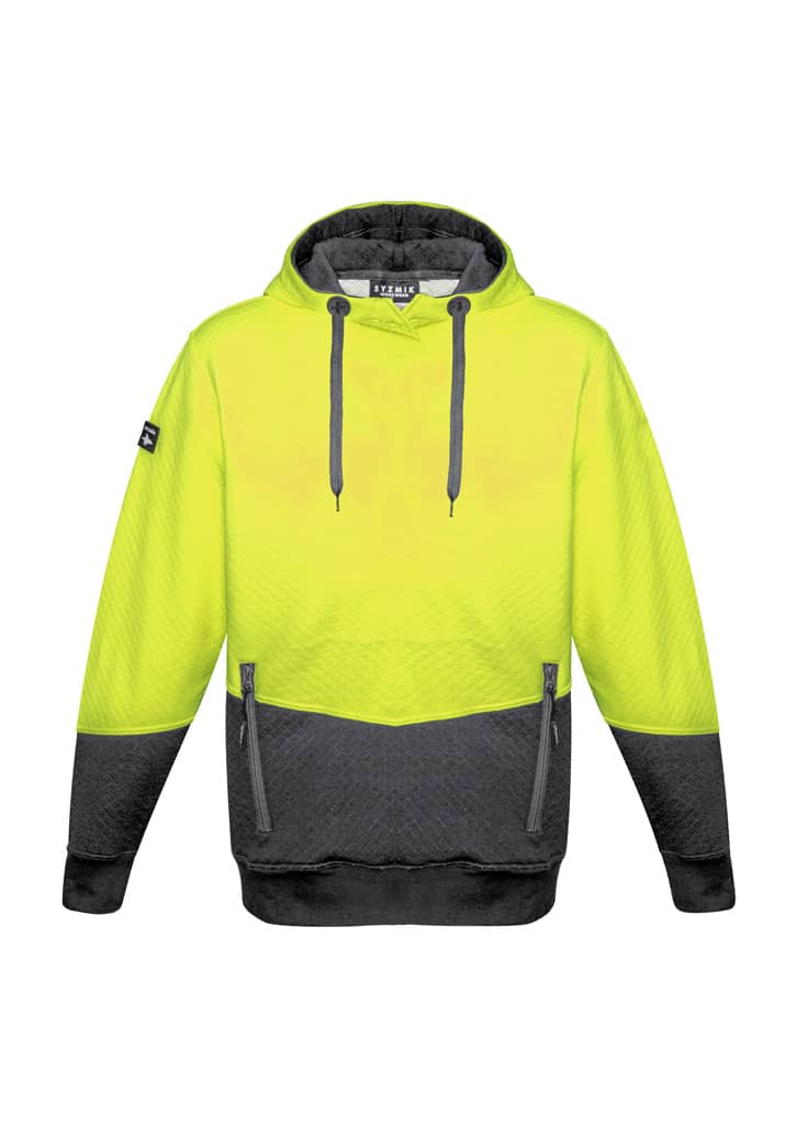 A bright yellow and grey unisex hoodie with a textured jacquard design and a logo on the sleeve.
