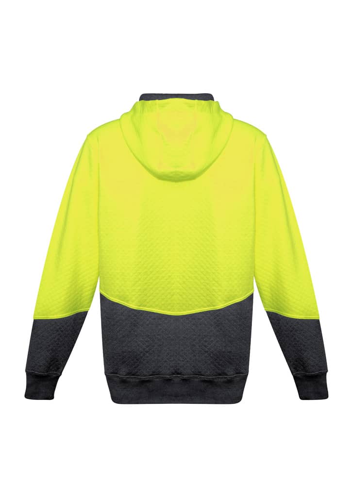 A bright yellow and black unisex hoodie featuring a textured jacquard design and a hood. It has a branding logo.
