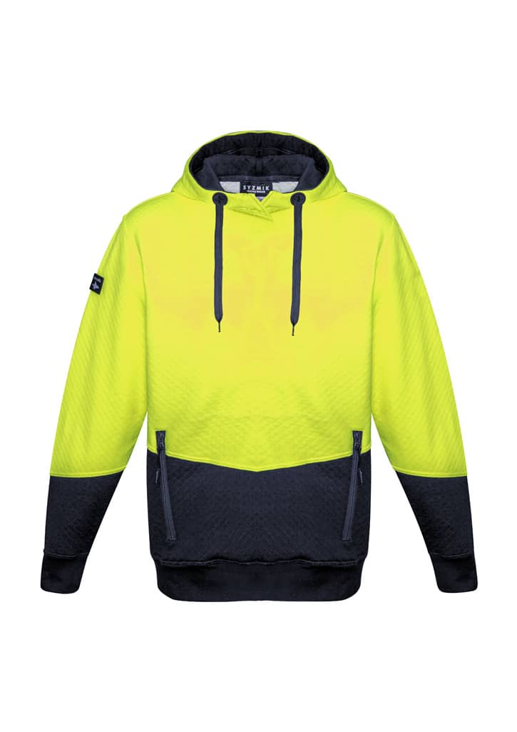 A unisex hi-vis hoodie in bright yellow and black with a textured jacquard design and a logo on the sleeve.