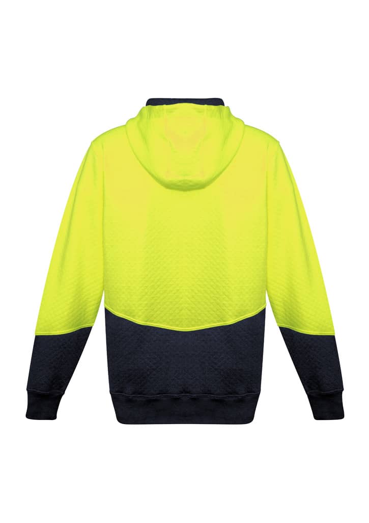 A bright yellow and navy unisex hoodie with a textured jacquard design and a full zip. Features a hood.