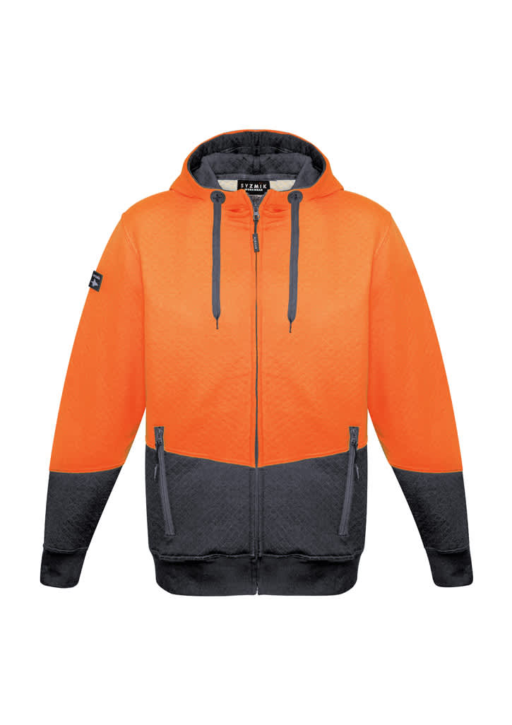 A unisex hi-vis textured jacquard full zip hoodie in bright orange and dark grey, featuring a logo.