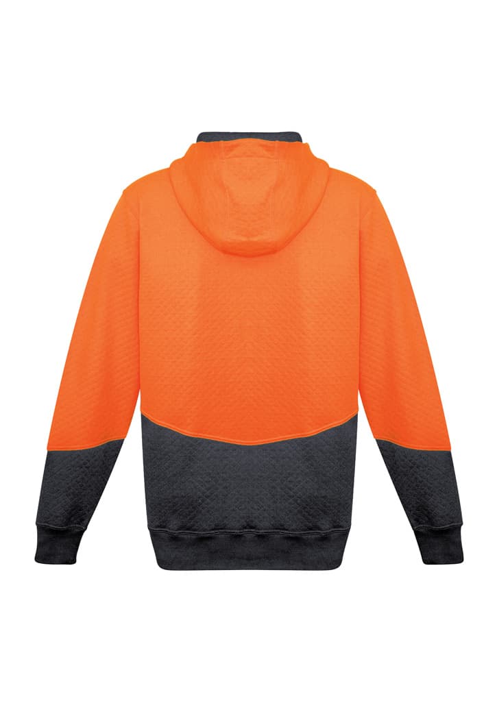 A unisex hoodie in high visibility orange with a textured pattern and black accents. It features a full zip and a hood.