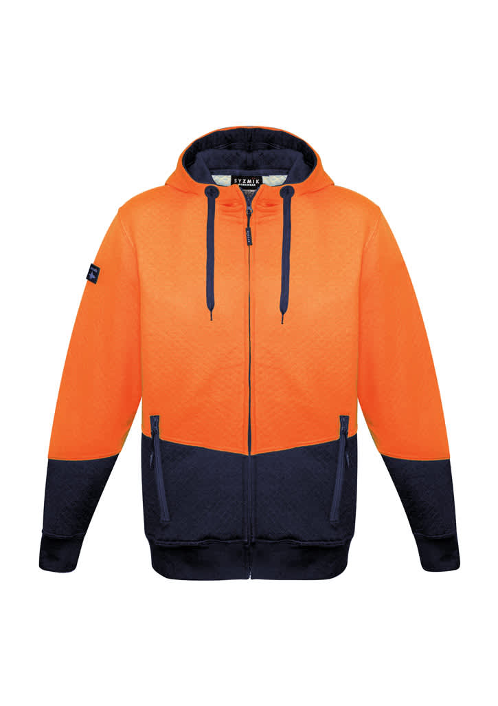 A unisex hi-vis textured jacquard full zip hoodie in orange and navy, featuring a logo.