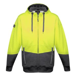 A bright yellow and grey unisex hi-vis textured jacquard full zip hoodie with a logo on the sleeve.