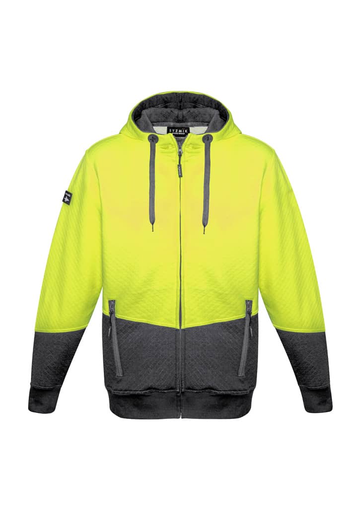 A bright yellow and grey unisex hi-vis textured jacquard full zip hoodie with a logo on the sleeve.