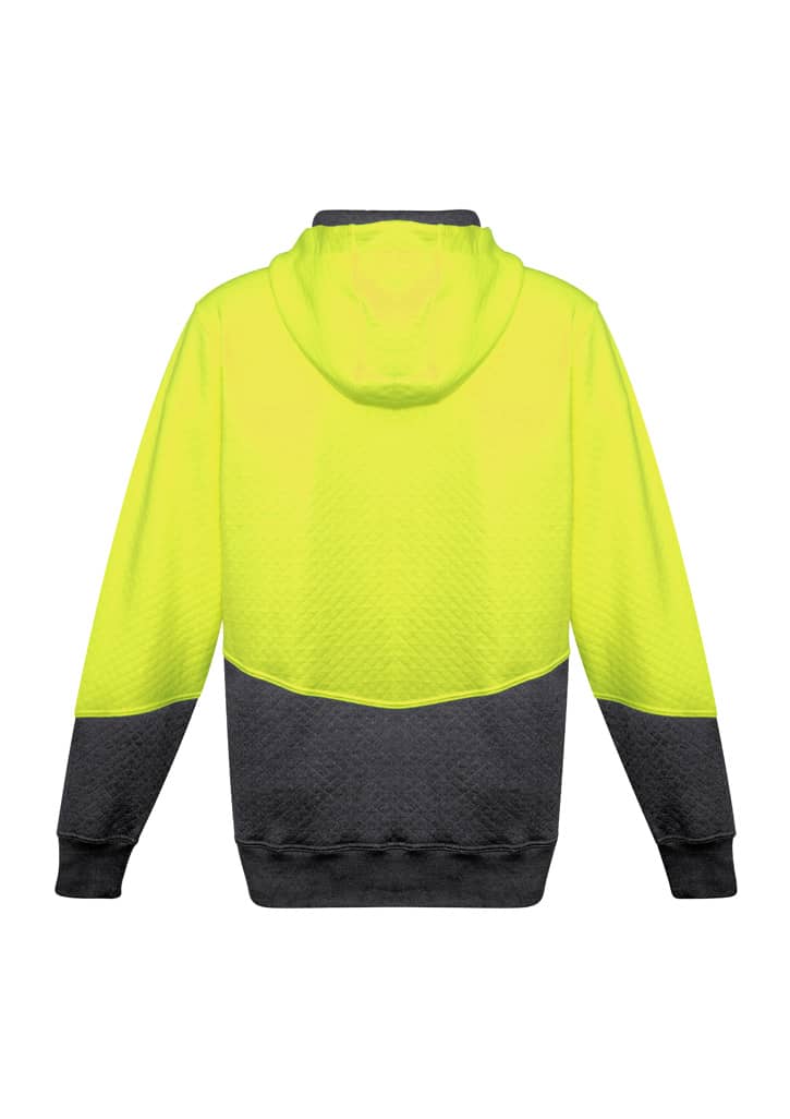A unisex hi-vis textured jacquard full zip hoodie in bright yellow and black, featuring a hood and a logo.