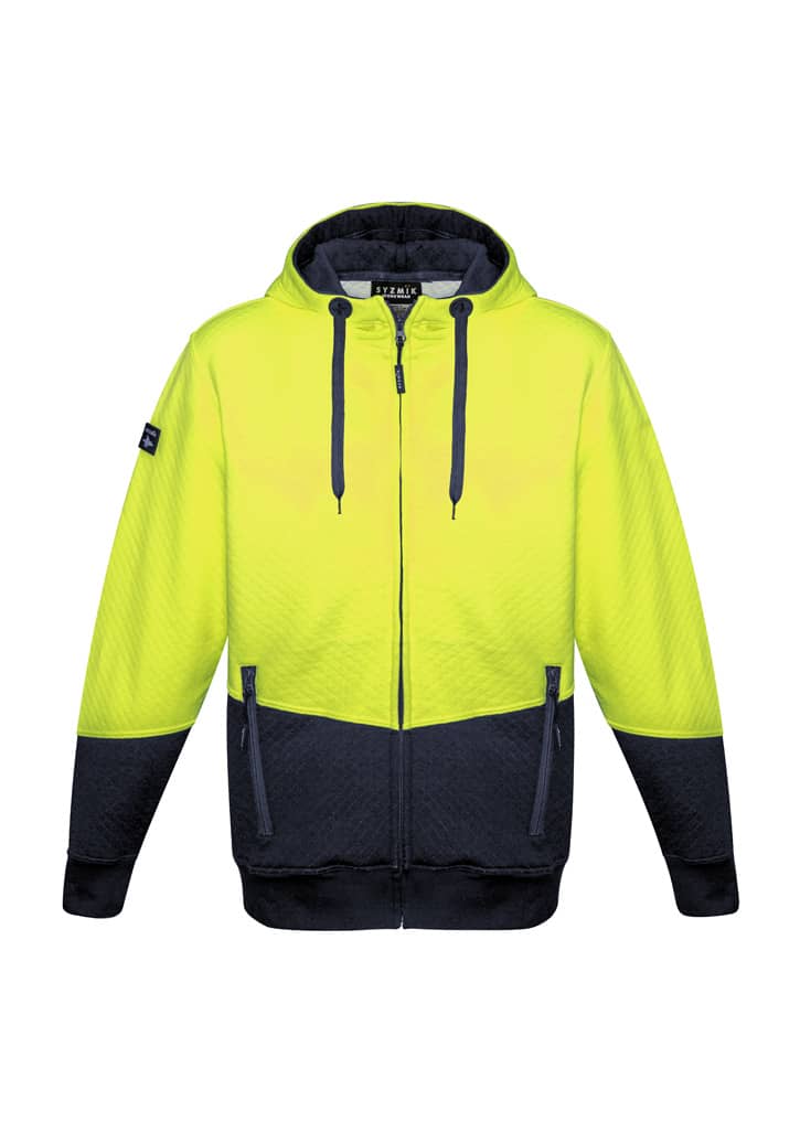 A bright yellow and black unisex full zip hoodie with textured jacquard fabric, featuring a logo on the sleeve.
