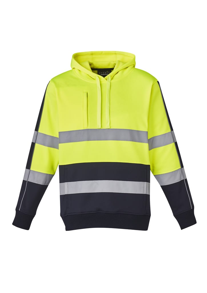Unisex hi-vis hoodie in bright yellow and navy, featuring reflective tape for enhanced visibility. Includes a logo.