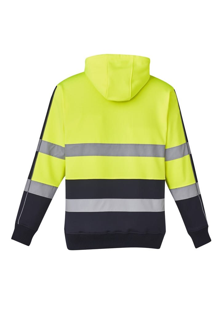 A bright yellow unisex hoodie with reflective stripes and a black bottom. It features a hood and has a logo.
