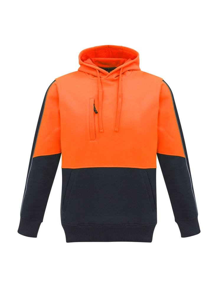 A unisex hi-vis pullover hoodie in bright orange and navy blue with a logo on the front.