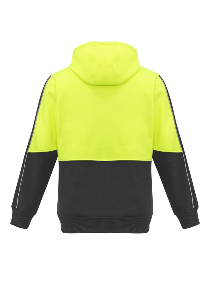 A unisex high visibility pullover hoodie in bright yellow and black, featuring a logo.
