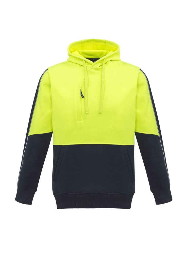 A unisex hi-vis pullover hoodie in bright yellow and navy, featuring a logo on the front.