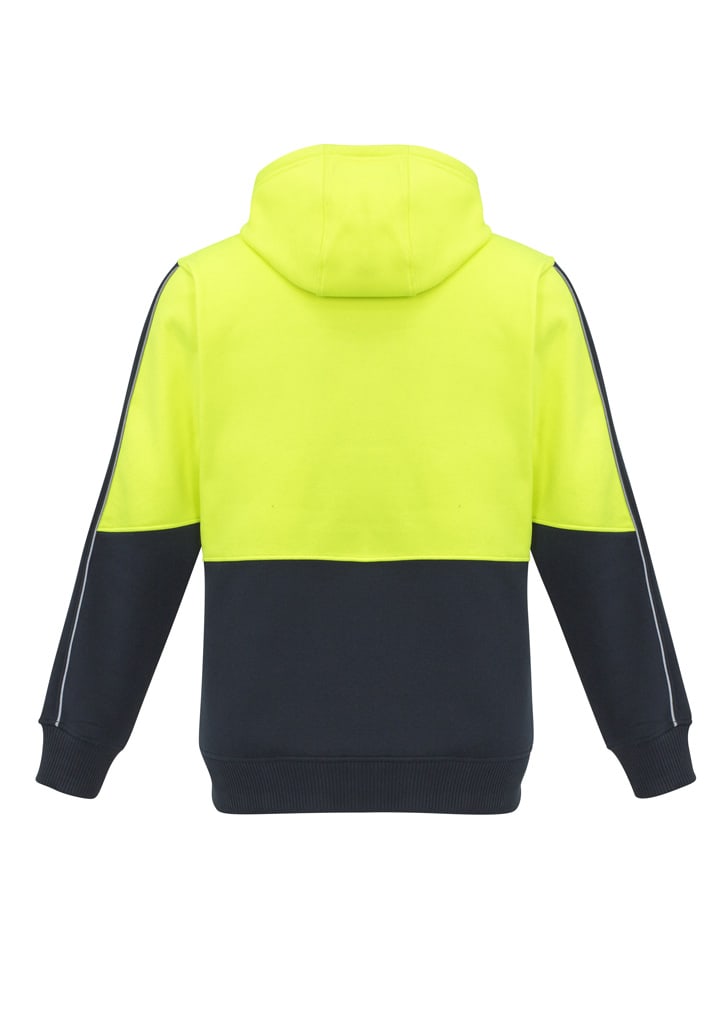 A unisex hi-vis pullover hoodie in bright yellow and navy, featuring a hood and colour-block design with a logo.