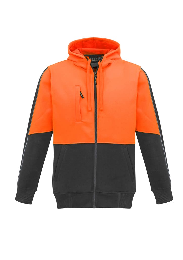 A unisex hi-vis full zip hoodie featuring a bright orange upper half and black lower half, with a zippered chest pocket and logo.