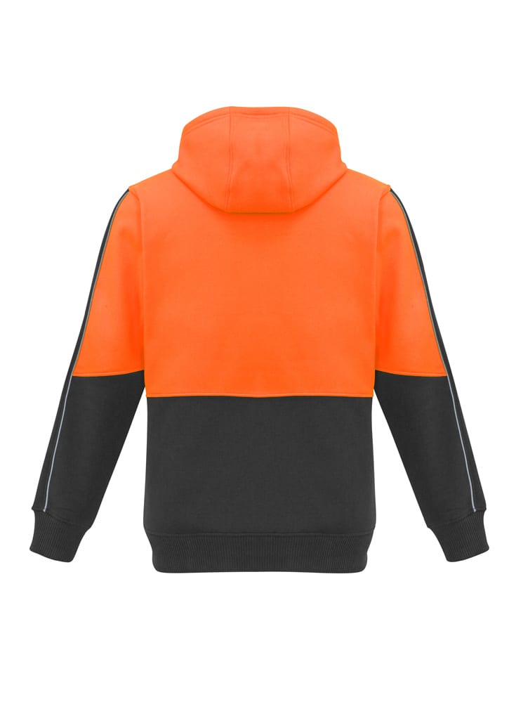 A unisex hi-vis full zip hoodie featuring an orange upper and black lower section, with a hood and a logo.