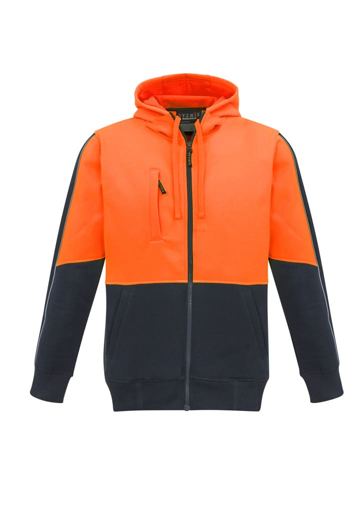 A unisex hi-vis full zip hoodie in bright orange and navy, featuring a zippered pocket and a logo.