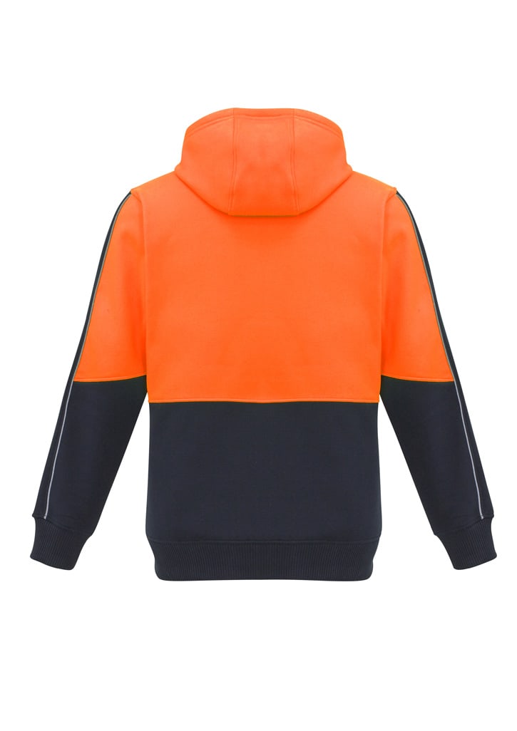 A unisex hi-vis full zip hoodie featuring bright orange and navy colours, with a hood and a logo on the front.