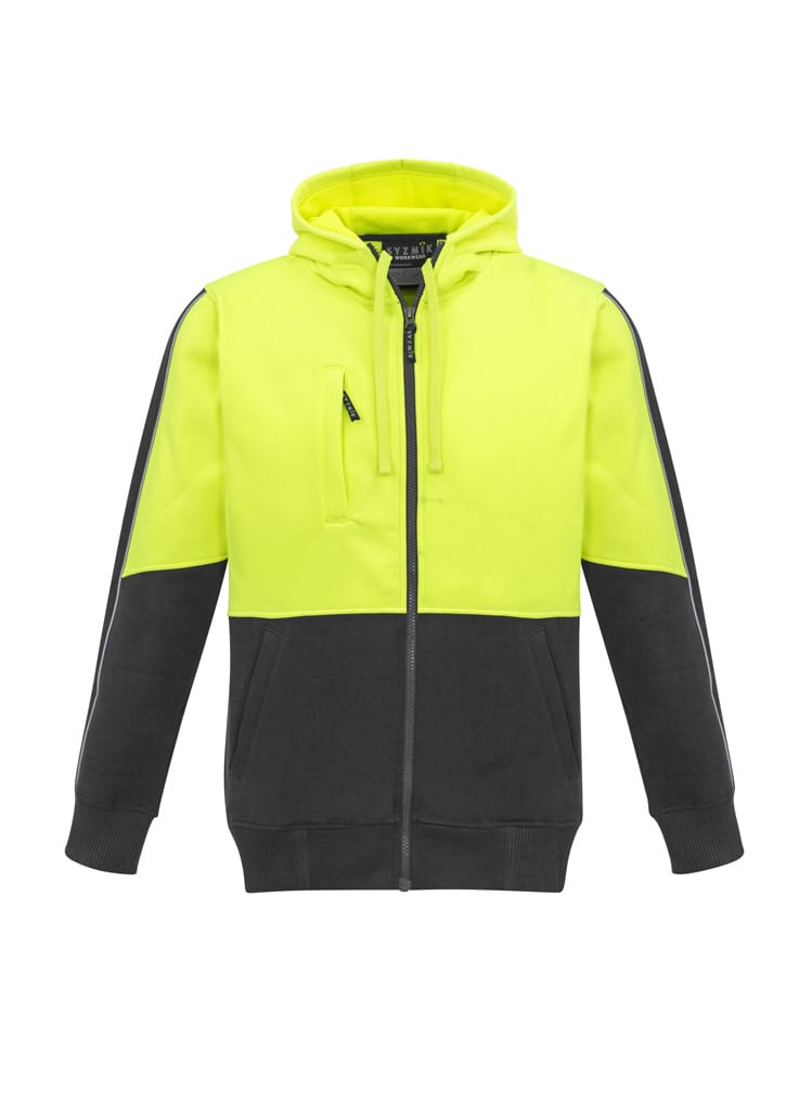 A unisex hi-vis full zip hoodie in bright yellow and dark grey, featuring a logo and a zippered pocket.