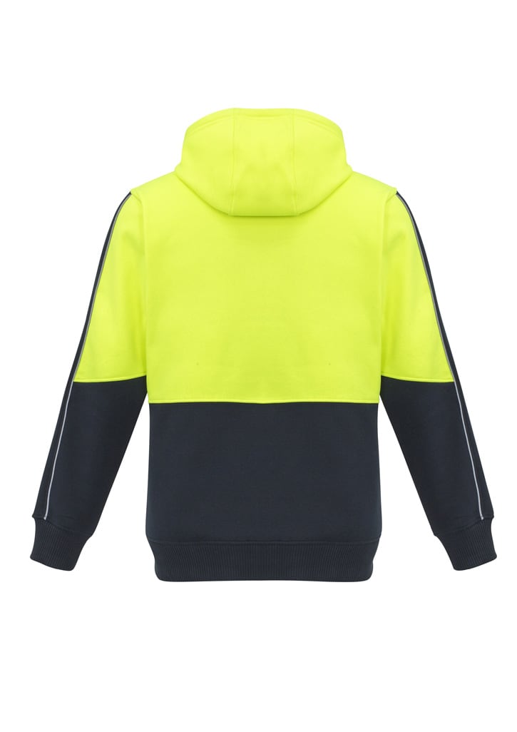 A unisex hi-vis full zip hoodie featuring a bright yellow upper section and navy lower section, with a logo on the back.