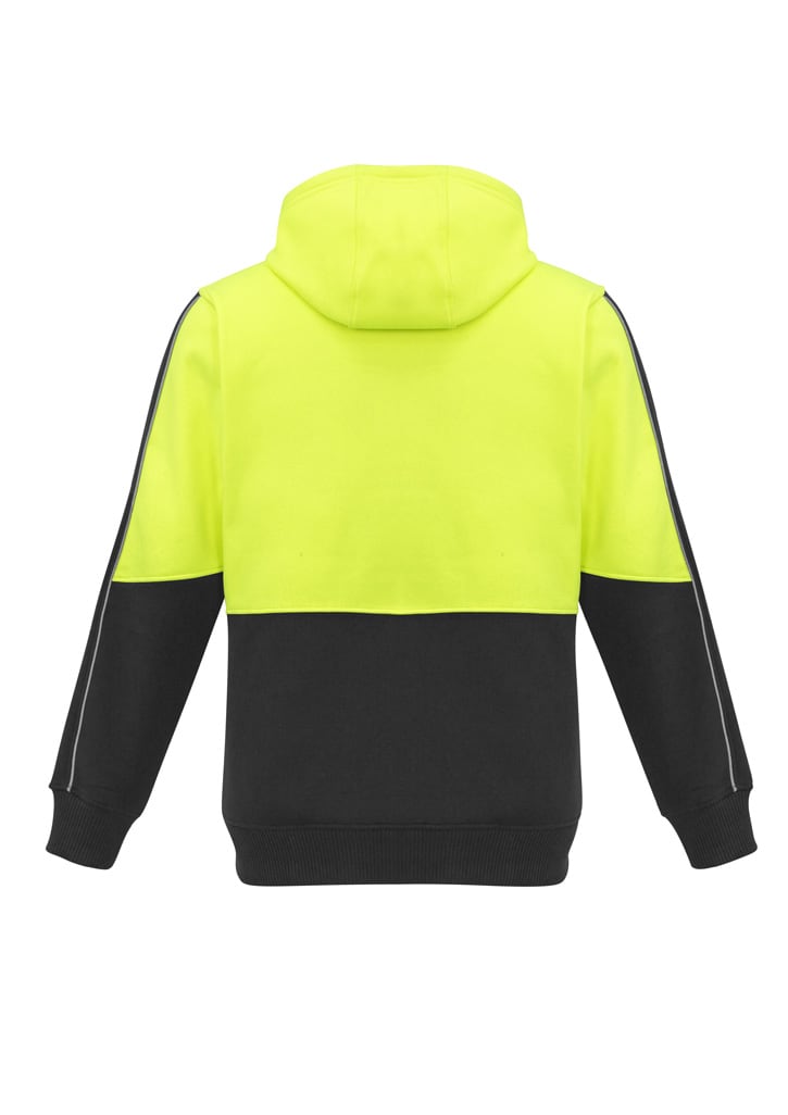 A unisex hi-vis full zip hoodie in bright yellow and black, featuring a hood and a logo.