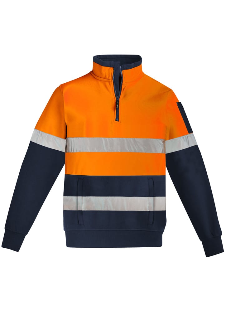 A unisex hi vis 1/4 zip pullover in orange and navy, featuring reflective hoop taping and a logo.