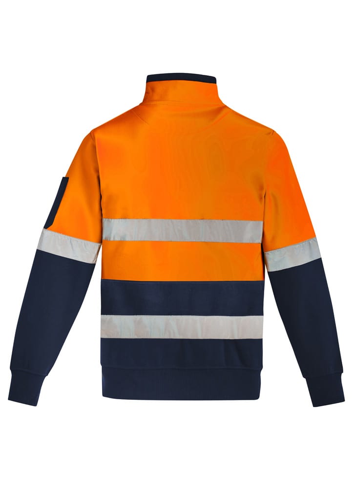 A unisex hi-vis pullover in orange and navy, featuring hoop tape for visibility and a branding logo on the sleeve.