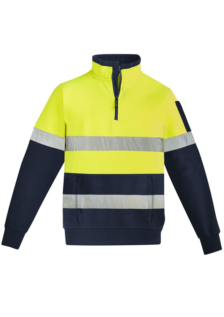 A unisex high visibility 1/4 zip pullover in fluorescent yellow and navy, featuring reflective hoop taping and a logo.
