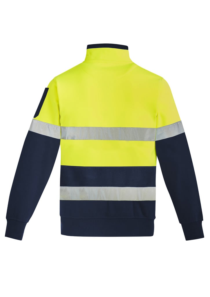 A unisex hi-vis pullover featuring a bright yellow upper and navy bottom with reflective hoop tape stripes.