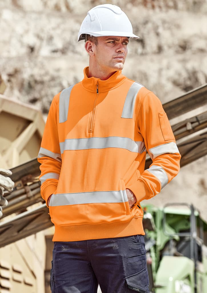 Unisex hi-vis orange pullover with reflective stripes, featuring a 1/4 zip and a logo on the sleeve.